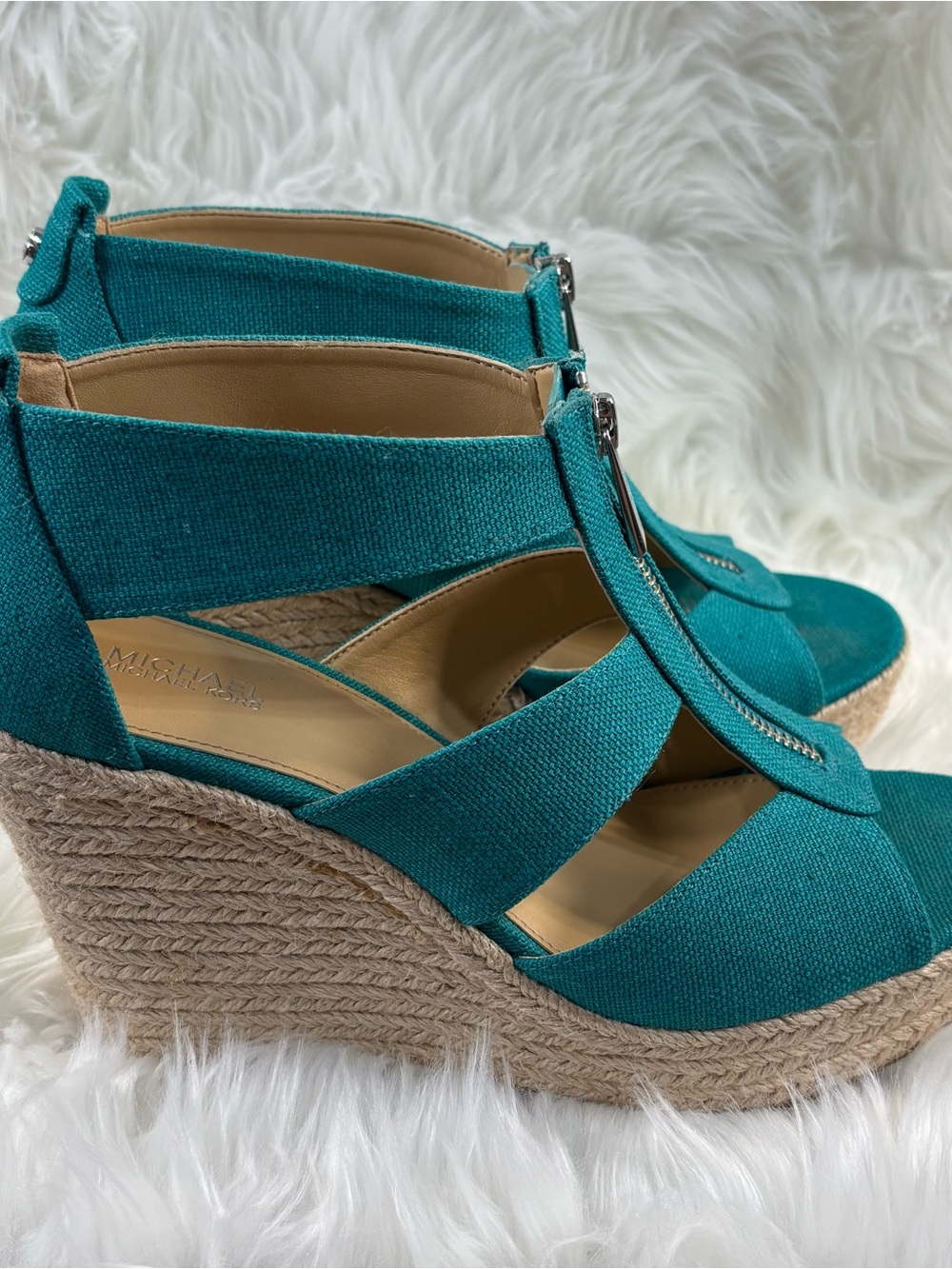 Michael Kors Wedge Teal Canvas Espadrille Sandals - Picture 4 of 12